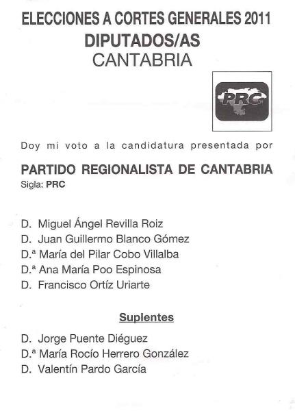 Papeleta PRC para el Congreso de los Diputados. Elecciones 20-11-2011