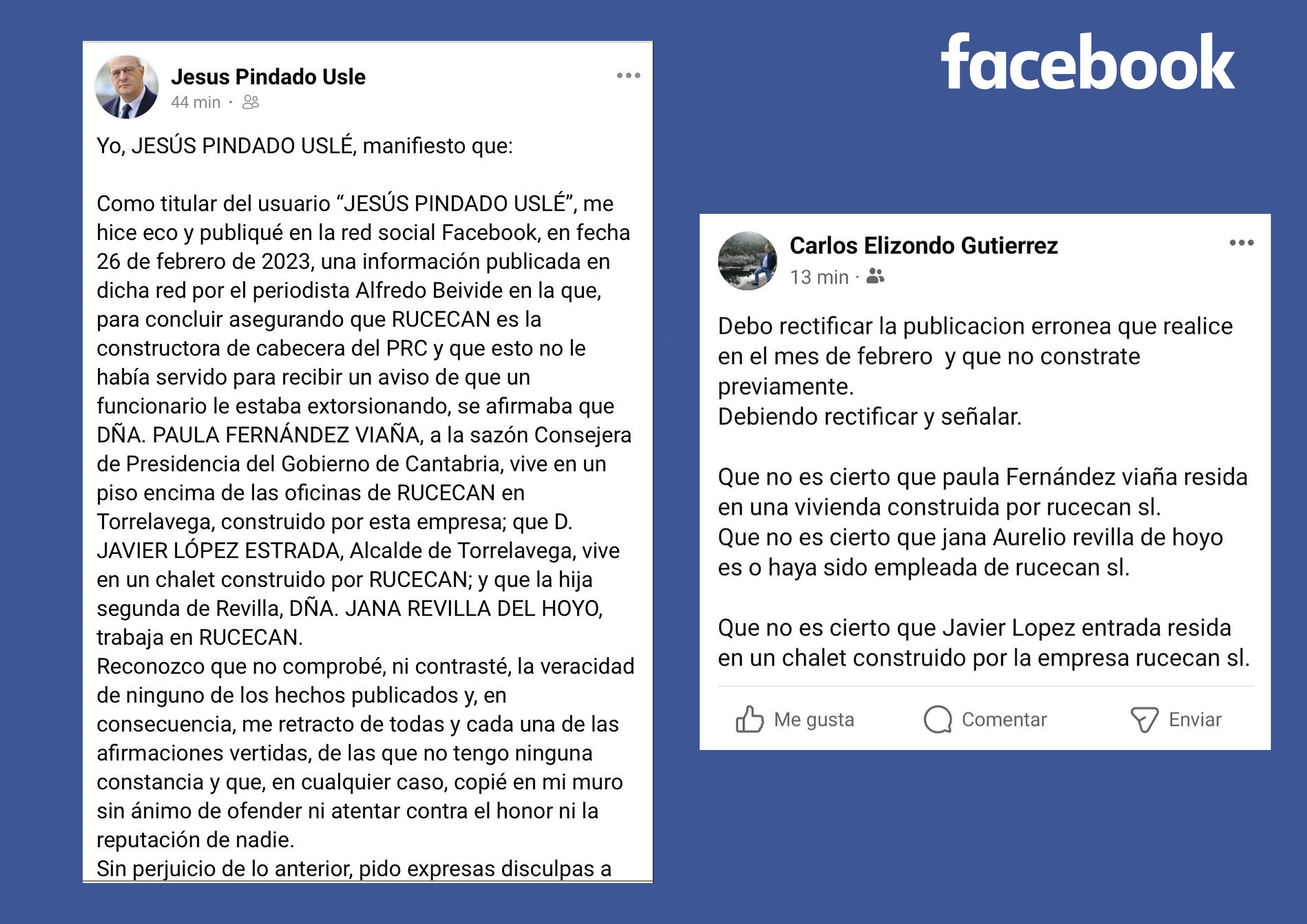 El concejal del PP Carlos Helizondo y el periodista Jesús Pindado se retractan de los infundios que difundieron en redes para vincular a cargos del PRC con el caso Obras Públicas