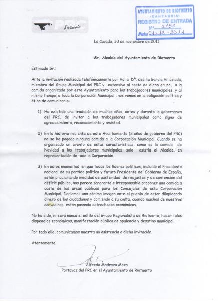 Justificaci?n del PRC a la no asistencia a la comida de navidad