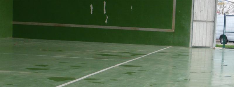 Estado actual del Fronton con goteras y desperfectos en paredes y cerramiento.