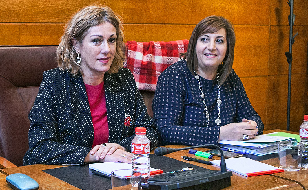Las diputadas Rosa Díaz, a la izquierda, y Rosa Valdés antes de comenzar la comparecencia del consejero de Presidencia y Justicia.
